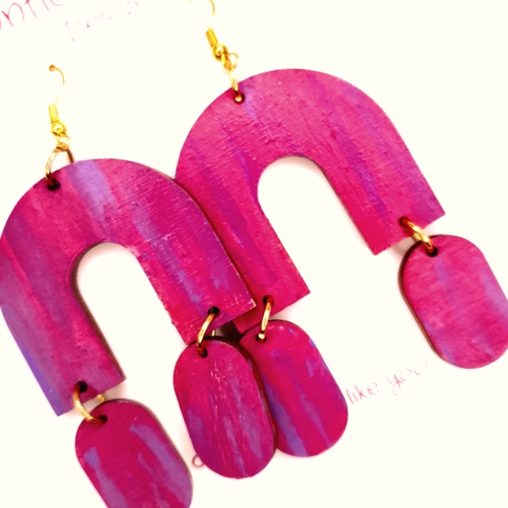 Pink Statement Earrings, Handpainted Wooden,New,3 inch dangle, one of a kind !